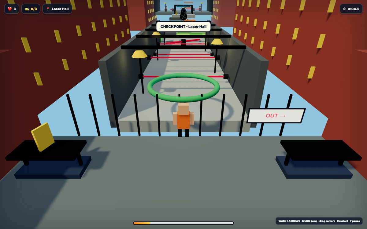 Barry's Prison Run: a blocky prisoner in an orange jumpsuit runs down a cell block toward a green ring and a Laser Hall checkpoint
