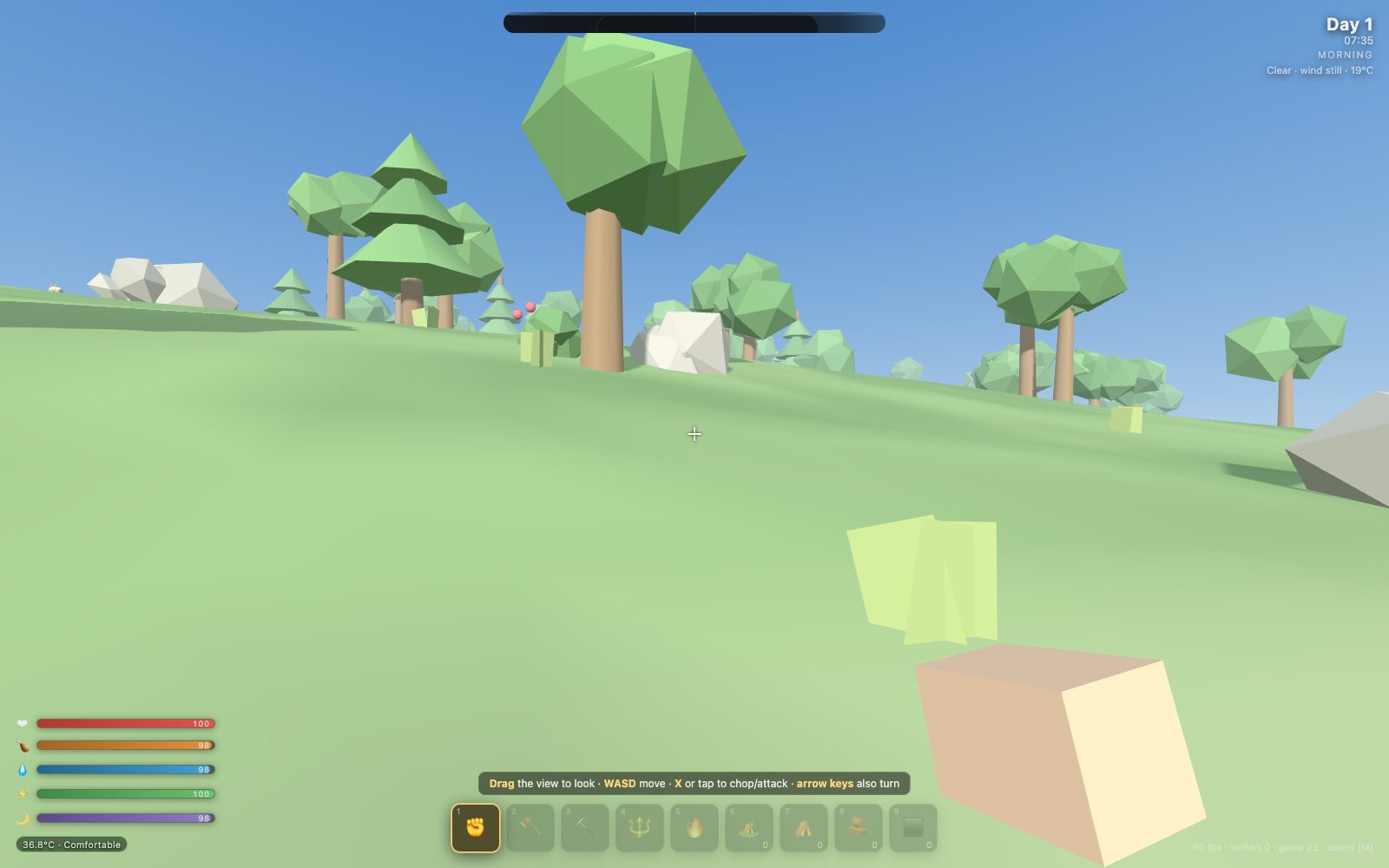 Driftwood Isle: a low-poly forest island in morning light, with health, hunger, thirst and warmth bars and a tool bar