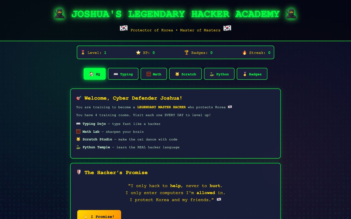 Legendary Hacker Academy: a green-on-navy dashboard with level, XP and badges, rooms for typing, math, Scratch and Python, and the Hacker's Promise