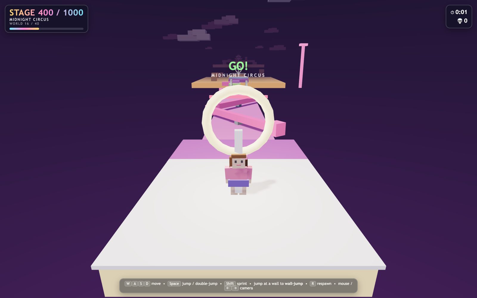 Mega Obby, stage 400 of 1,000, in the Midnight Circus world: a blocky character on a white platform facing a ring and pink obstacles