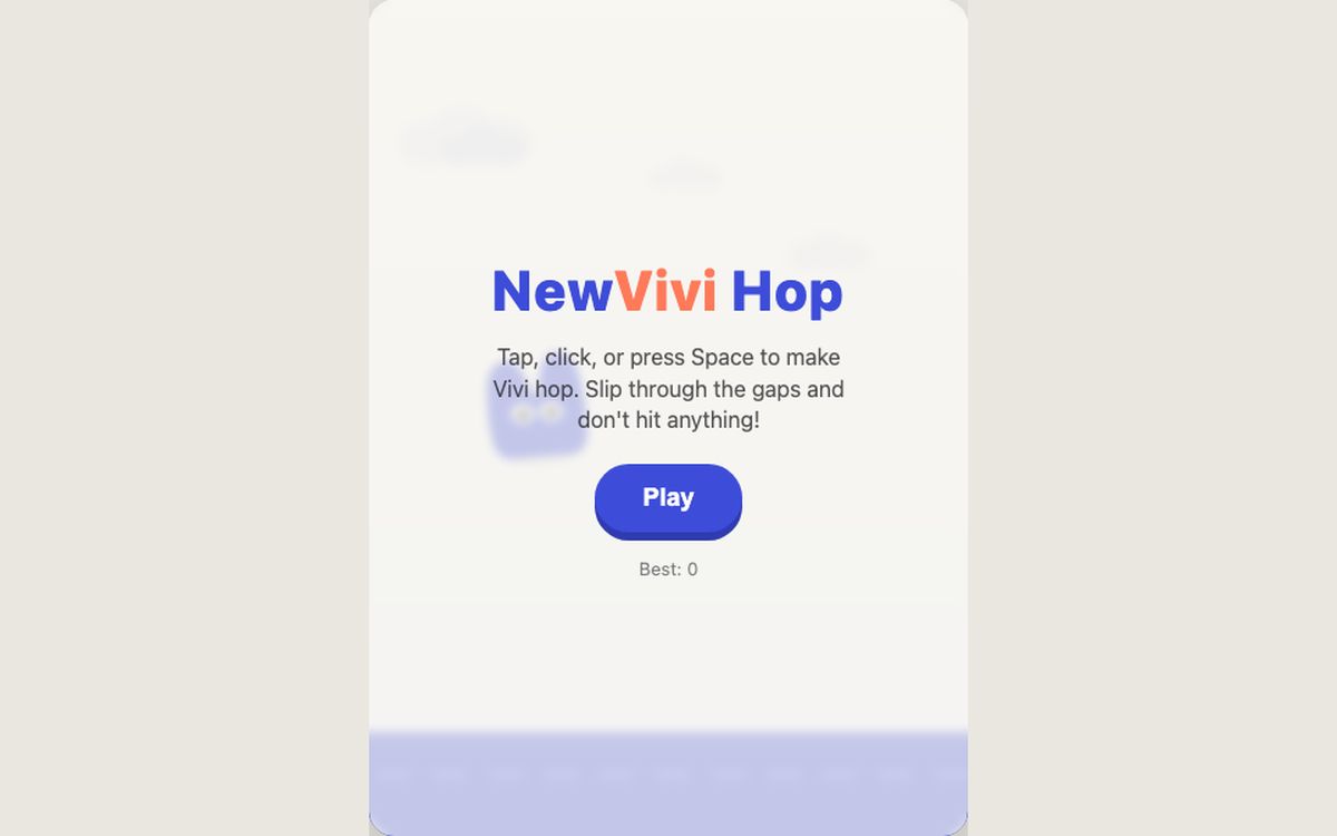 NewVivi Hop title screen with the blue Vivi character and a Play button