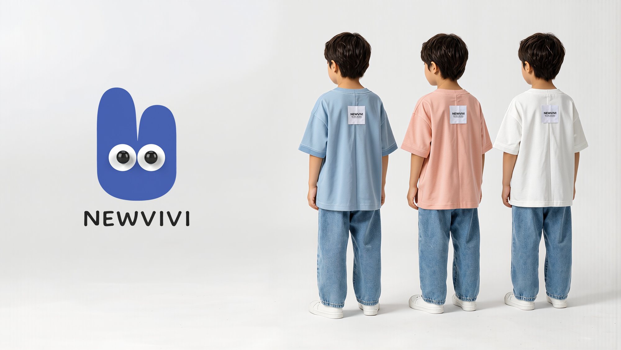 NEWVIVI: the blue NEWVIVI logo beside three kids, seen from behind, wearing light blue, pink and white NEWVIVI T-shirts with jeans