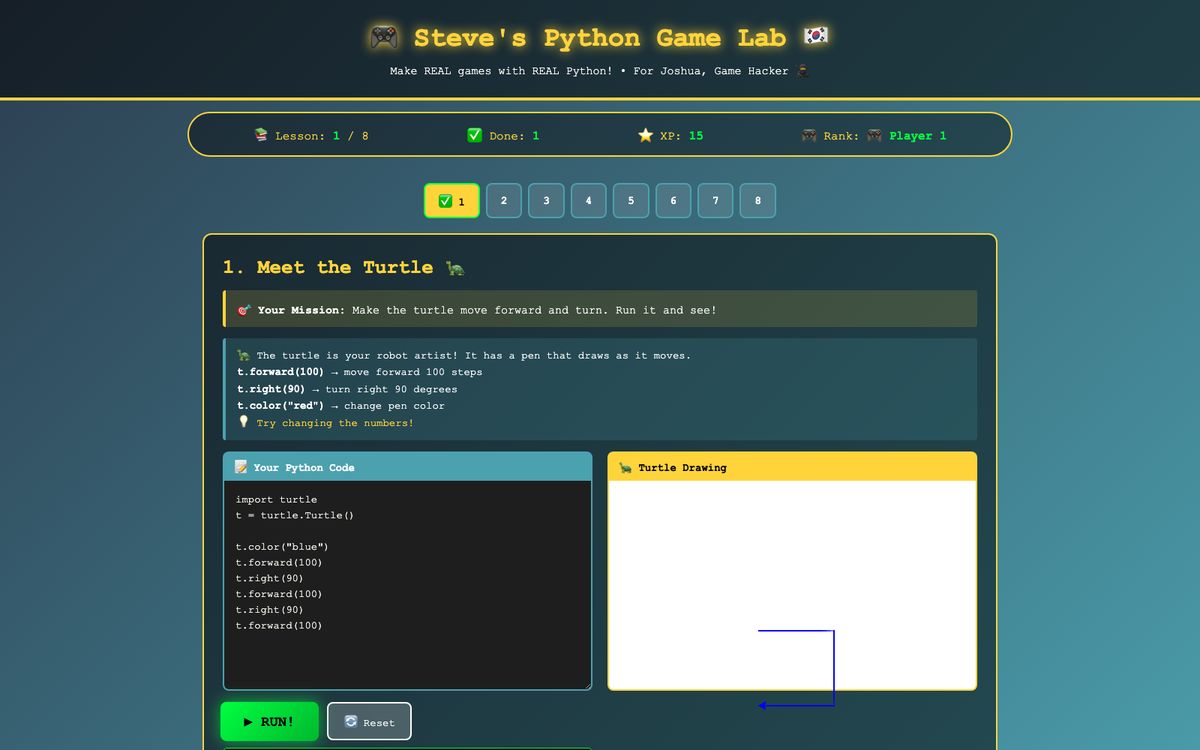 Python Game Lab: lesson 1, Meet the Turtle, with Python code on the left and the turtle's drawing on the right