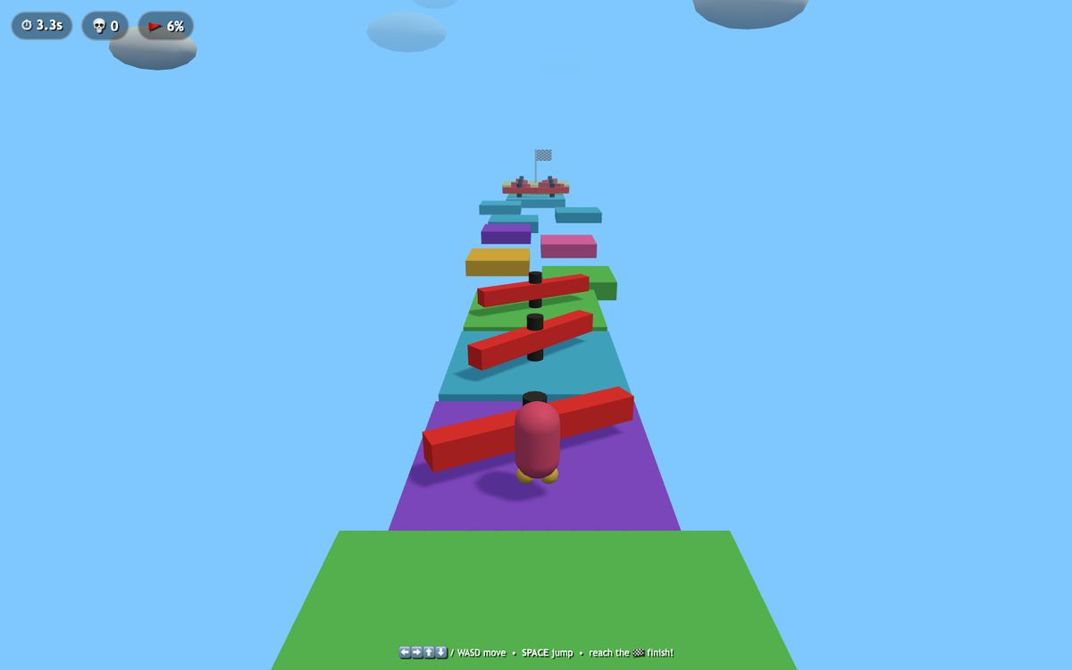 Stumble Rush 3D: a colorful floating track with red spinning bars leading to a finish flag
